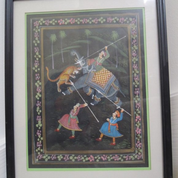 Art Print INDIA Folklore Mythology 3 Hunters Fend Off Tiger Attack on Elephant